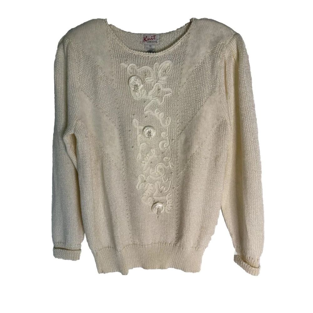 Vintage 80s Knit Concepts Embroidered Beaded Sweater Womens Medium Cottage